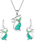 Cute Cat Pendant Necklace & Earrings Matching Set For Women - Ladies Silver Plated Crystal Jewellery with Gift Box