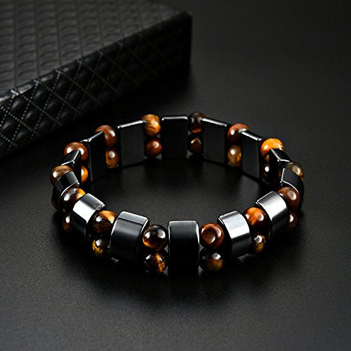 Double Hematite and Tiger&#39;s Eye Gemstone Stretch Bracelets for Men &amp; Women - Natural Energy Stone Jewellery Unisex Bangle. with Gift Box