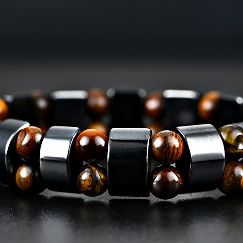 Double Hematite and Tiger&#39;s Eye Gemstone Stretch Bracelets for Men &amp; Women - Natural Energy Stone Jewellery Unisex Bangle. with Gift Box