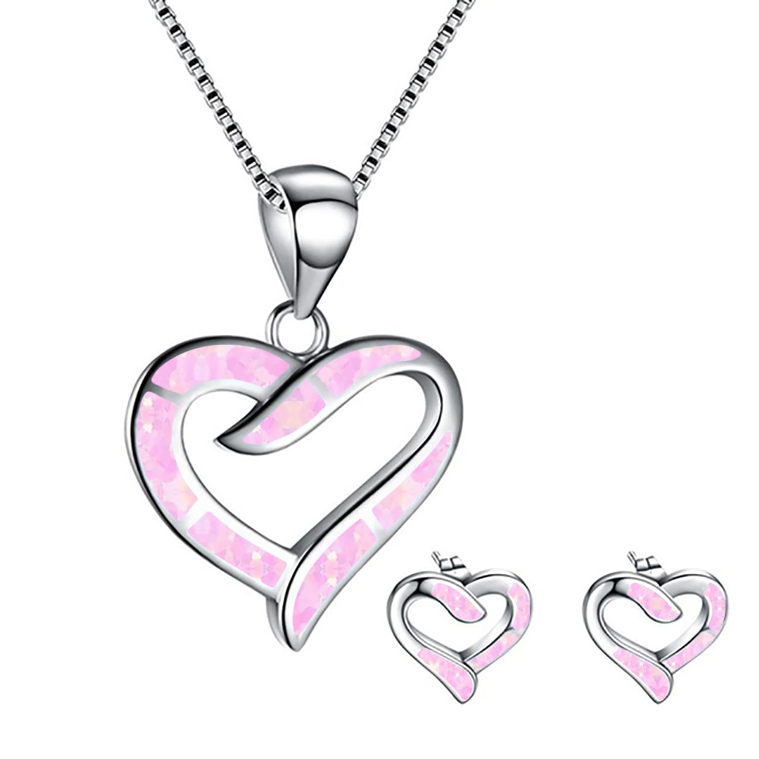 Ladies Shining Heart Jewellery Set For Women - Necklace Pendant &amp; Matching Earrings - Girls Opal Glitter Enamel &amp; Silver Plated Cute Charms - with Gift Box