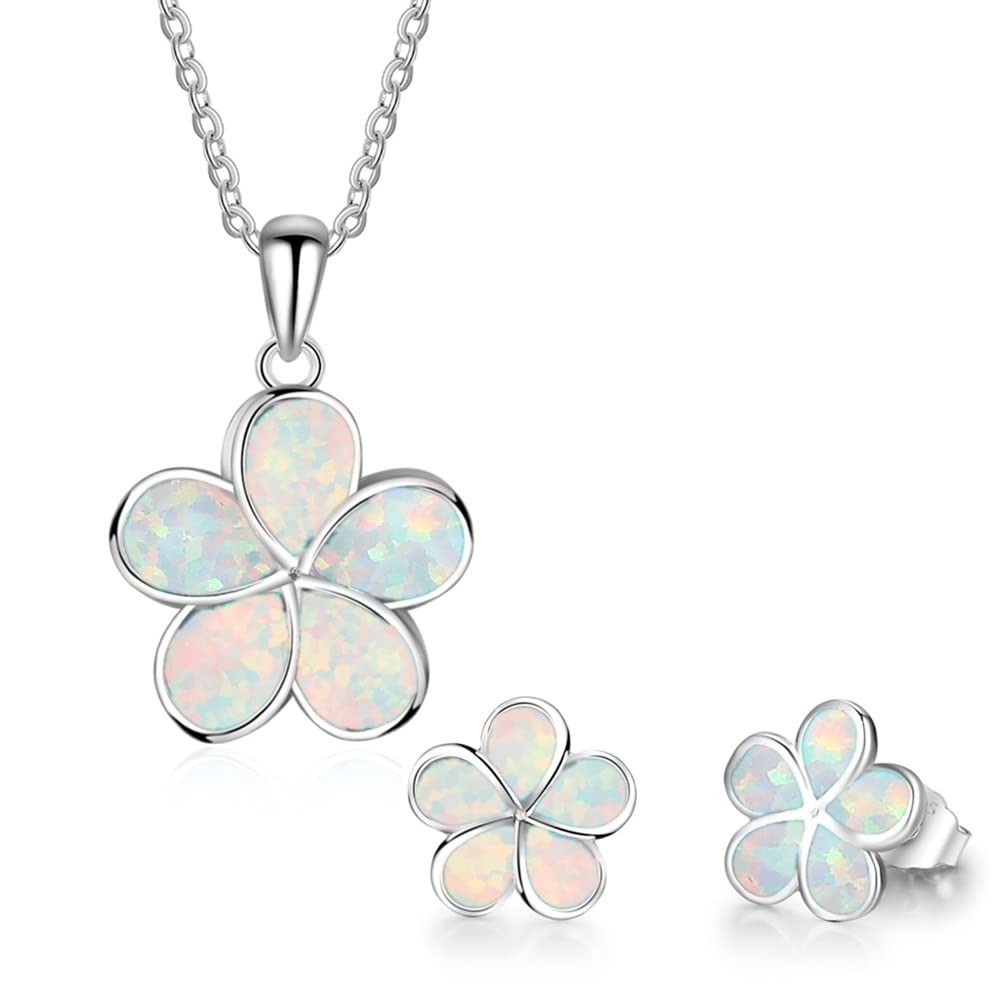 Ladies Flower Design Opal Jewellery Set For Women, Necklace Pendant &amp; Drop Earrings, Enamel &amp; Silver Plated Matching Flower Design with Gift Box