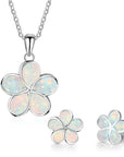 Ladies Flower Design Opal Jewellery Set For Women, Necklace Pendant & Drop Earrings, Enamel & Silver Plated Matching Flower Design with Gift Box