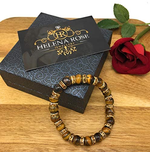 Helena Rose Ladies Bracelet for Women- Natural Tigers Eye Semi Precious Stones &amp; Sparkling Rhinestone Golden Crystals - Woman&#39;s Spiritual Bangle with Jewellery Gift Box