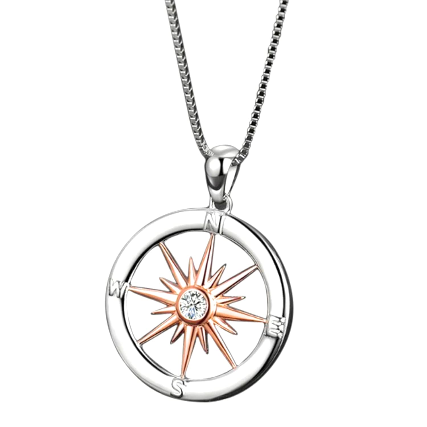 Sterling Silver Compass Design Necklace With Rose Gold Plated Sun Set With Cubic Zirconia Stone. Includes 45cm 925 Silver Box Chain and Jewellery Gift Box.