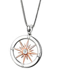 Sterling Silver Compass Design Necklace With Rose Gold Plated Sun Set With Cubic Zirconia Stone. Includes 45cm 925 Silver Box Chain and Jewellery Gift Box.