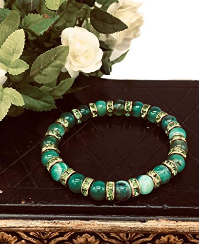 Helena Rose Ladies Spiritual Bracelet for Women- Gorgeous Green Agate Gemstones &amp; Sparkling Green Rhinestone Crystals - Woman&#39;s Stretch Bracelet - Plus Jewellery Gift Box