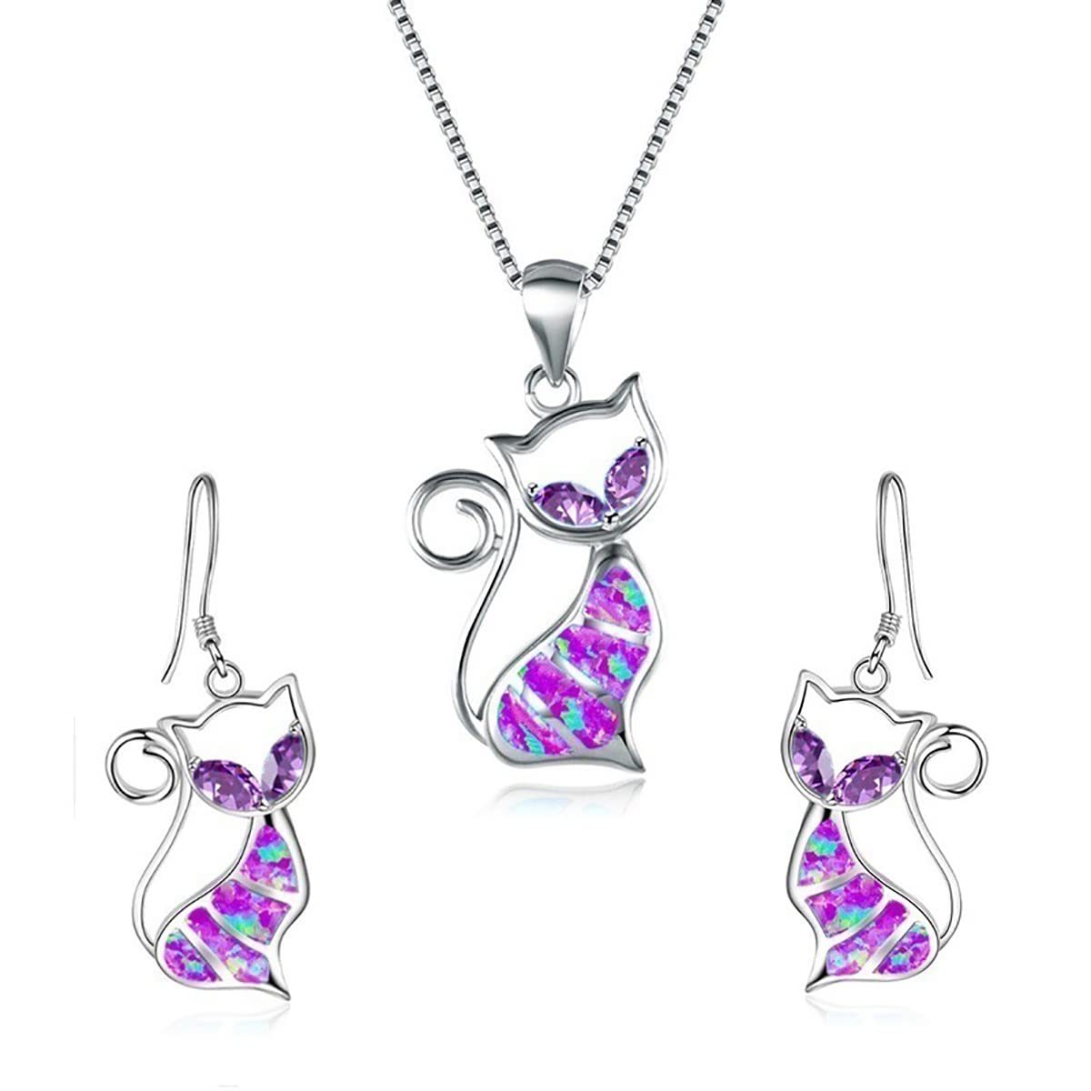 Cute Cat Pendant Necklace &amp; Earrings Matching Set For Women - Ladies Silver Plated Crystal Jewellery with Gift Box