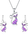 Cute Cat Pendant Necklace & Earrings Matching Set For Women - Ladies Silver Plated Crystal Jewellery with Gift Box