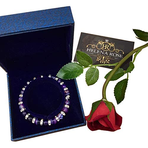 Helena Rose Ladies Stretch Bracelet for Women - Gorgeous Purple Natural Agate Beads &amp; Sparkling Rhinestone Diamante Crystals - Woman&#39;s Spiritual Fashion Bracelet with Jewellery Gift Box