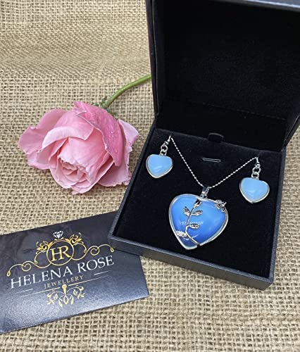 Valentine Heart Jewellery Gift Set For Women - Silver Hearts &amp; Roses Necklace &amp; Drop Earrings - Natural Crystal Gemstone Pendant For Ladies - With a Quality Gift Box