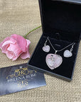 Valentine Heart Jewellery Gift Set For Women - Silver Hearts & Roses Necklace & Drop Earrings - Natural Crystal Gemstone Pendant For Ladies - With a Quality Gift Box
