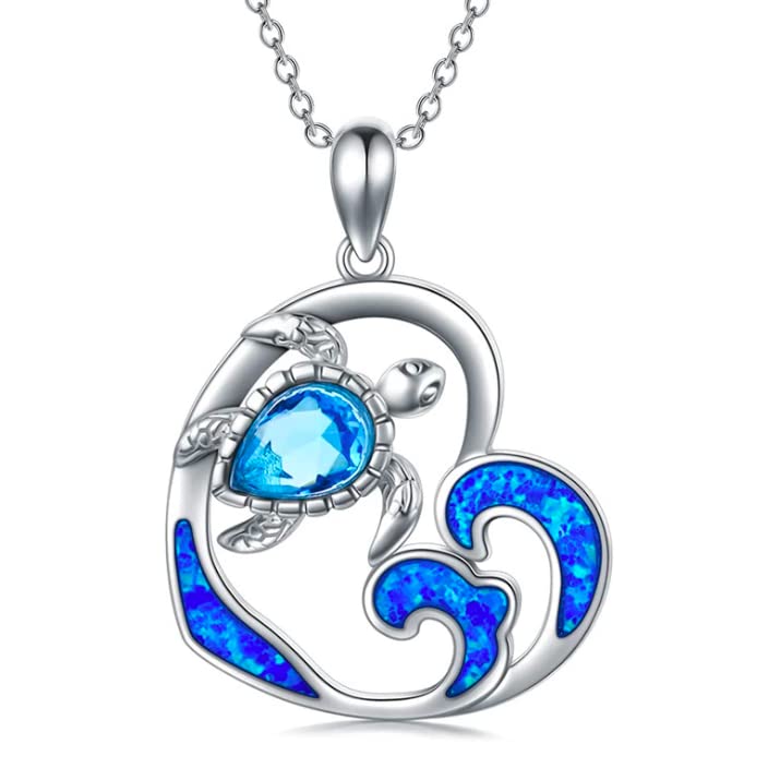 Ladies Sterling Silver Heart Pendant Necklace - Blue Rhinestone Crystal Sea Turtle - Nautical Jewellery For Women - Plus 45cm Chain &amp; Gift Box