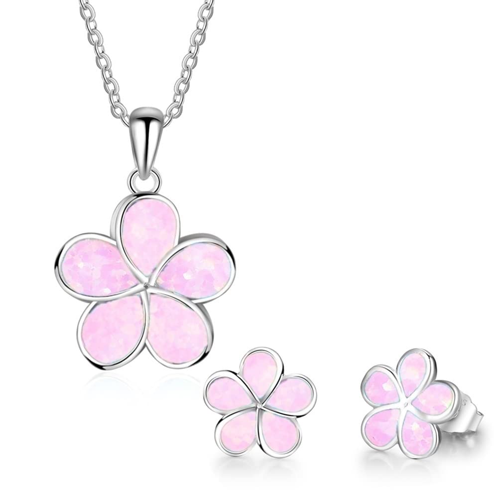 Ladies Flower Design Opal Jewellery Set For Women, Necklace Pendant &amp; Drop Earrings, Enamel &amp; Silver Plated Matching Flower Design with Gift Box