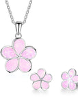 Ladies Flower Design Opal Jewellery Set For Women, Necklace Pendant & Drop Earrings, Enamel & Silver Plated Matching Flower Design with Gift Box