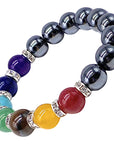 Helena Rose Jewellery - 7 Chakra Gemstone Yoga Stretch Beaded Bracelet for Women & Men - with Hematite Stone Beads - Supplied in A Jewellery Gift Box.