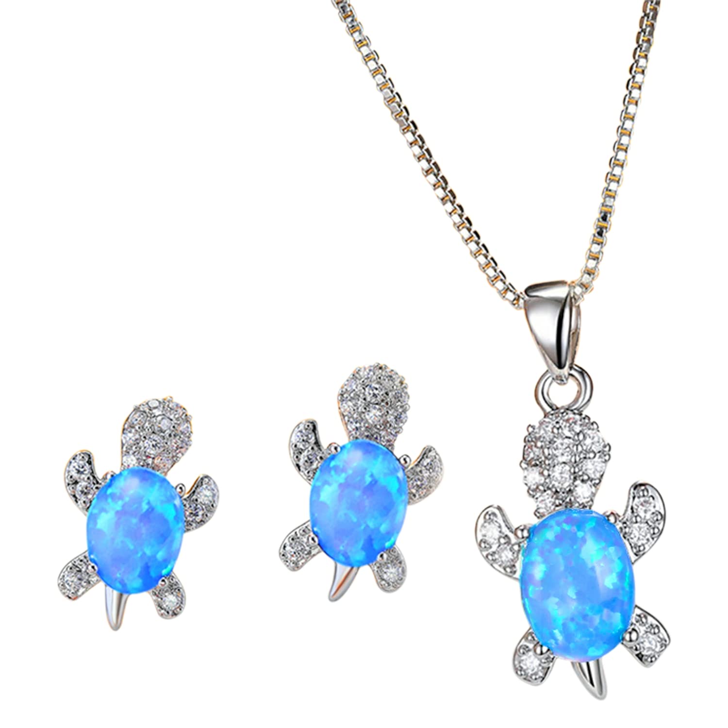 Cute Turtle Jewellery Set - Matching Necklace Pendant &amp; Earrings For Ladies - Glittering Opal &amp; Crystal - With Gift Box