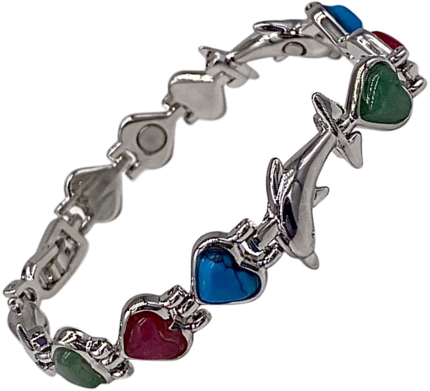 Ladies Magnetic Bracelet for Women - Natural Gemstone Heart Crystals &amp; Dolphins - Fits Wrists Up to 18.5cm Adjustable - Plus Jewellery Gift Box (Silver)