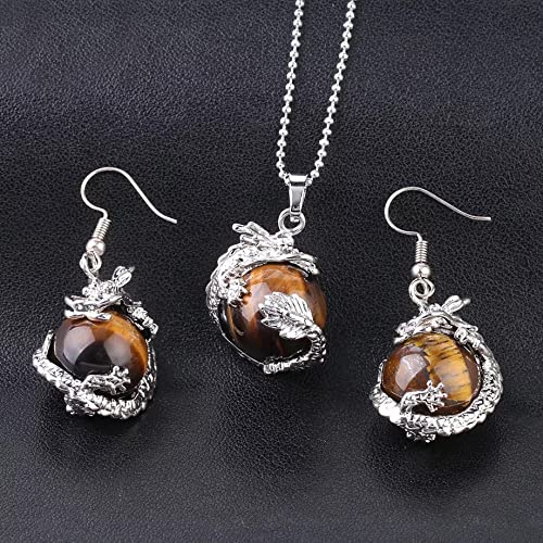 Helena Rose Earring &amp; Necklace Jewellery Set for Women - Silver Totem Gothic Style Dragon Wrap Design - Natural Tigers Eye Stone Pendant Ball Charm - Plus Gift Box