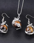 Helena Rose Earring & Necklace Jewellery Set for Women - Silver Totem Gothic Style Dragon Wrap Design - Natural Tigers Eye Stone Pendant Ball Charm - Plus Gift Box