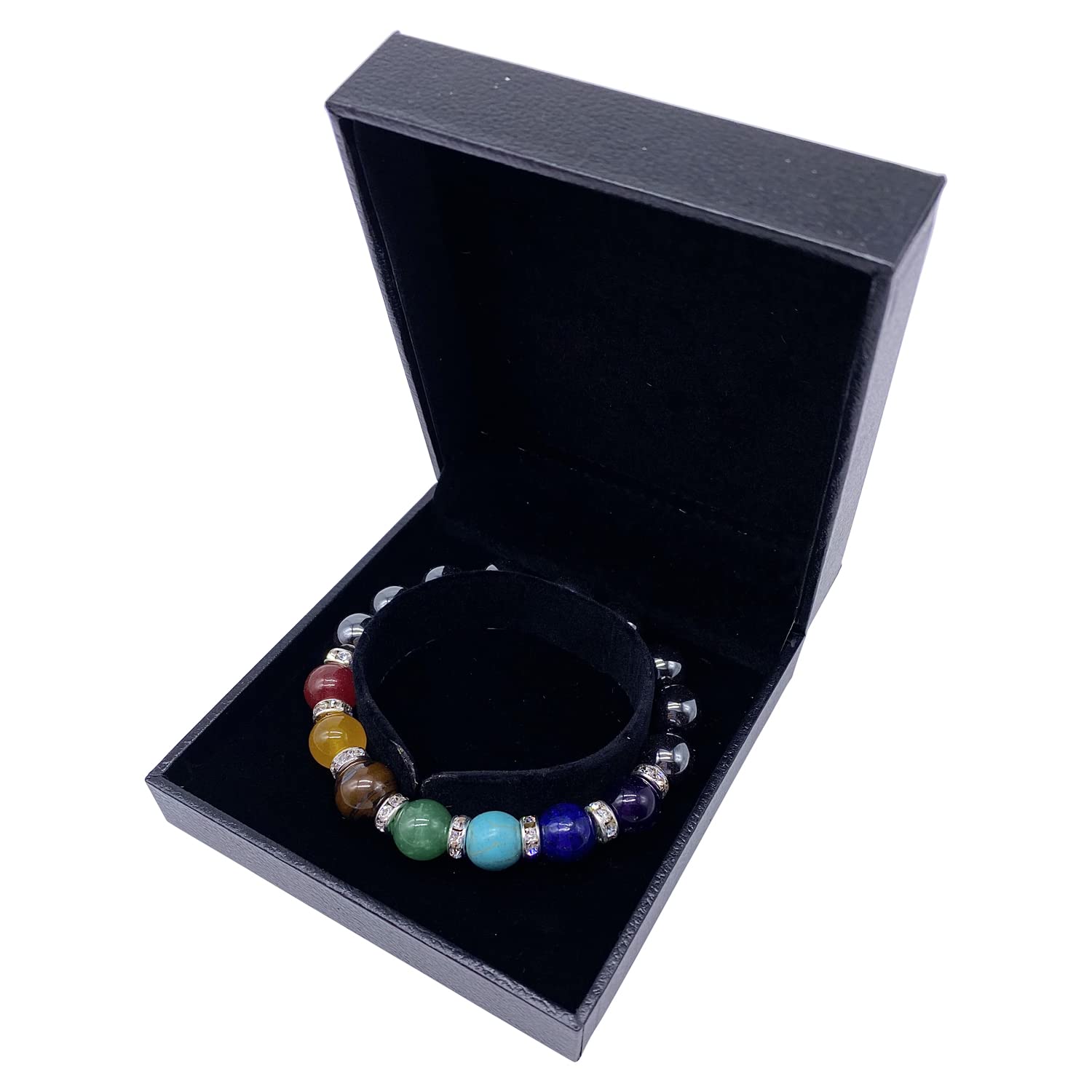 Helena Rose Jewellery - 7 Chakra Gemstone Yoga Stretch Beaded Bracelet for Women &amp; Men - with Hematite Stone Beads - Supplied in A Jewellery Gift Box.