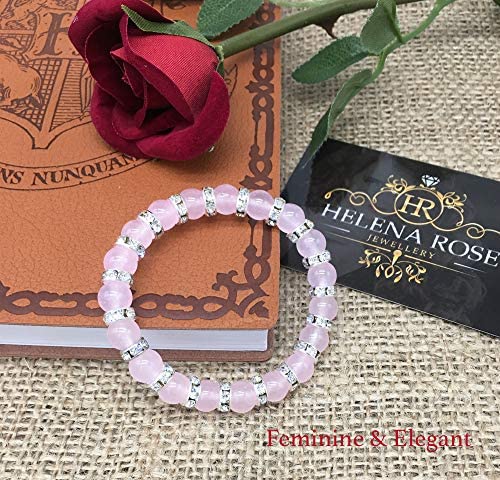 Helena Rose Jewellery - Natural Pink Rose Quartz Stretch Bracelet for Women - Gemstones with Clear Crystal Rhinestones - Valentines Gift, Plus Jewellery Gift Box