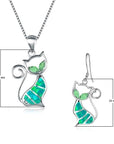 Cute Cat Pendant Necklace & Earrings Matching Set For Women - Ladies Silver Plated Crystal Jewellery with Gift Box