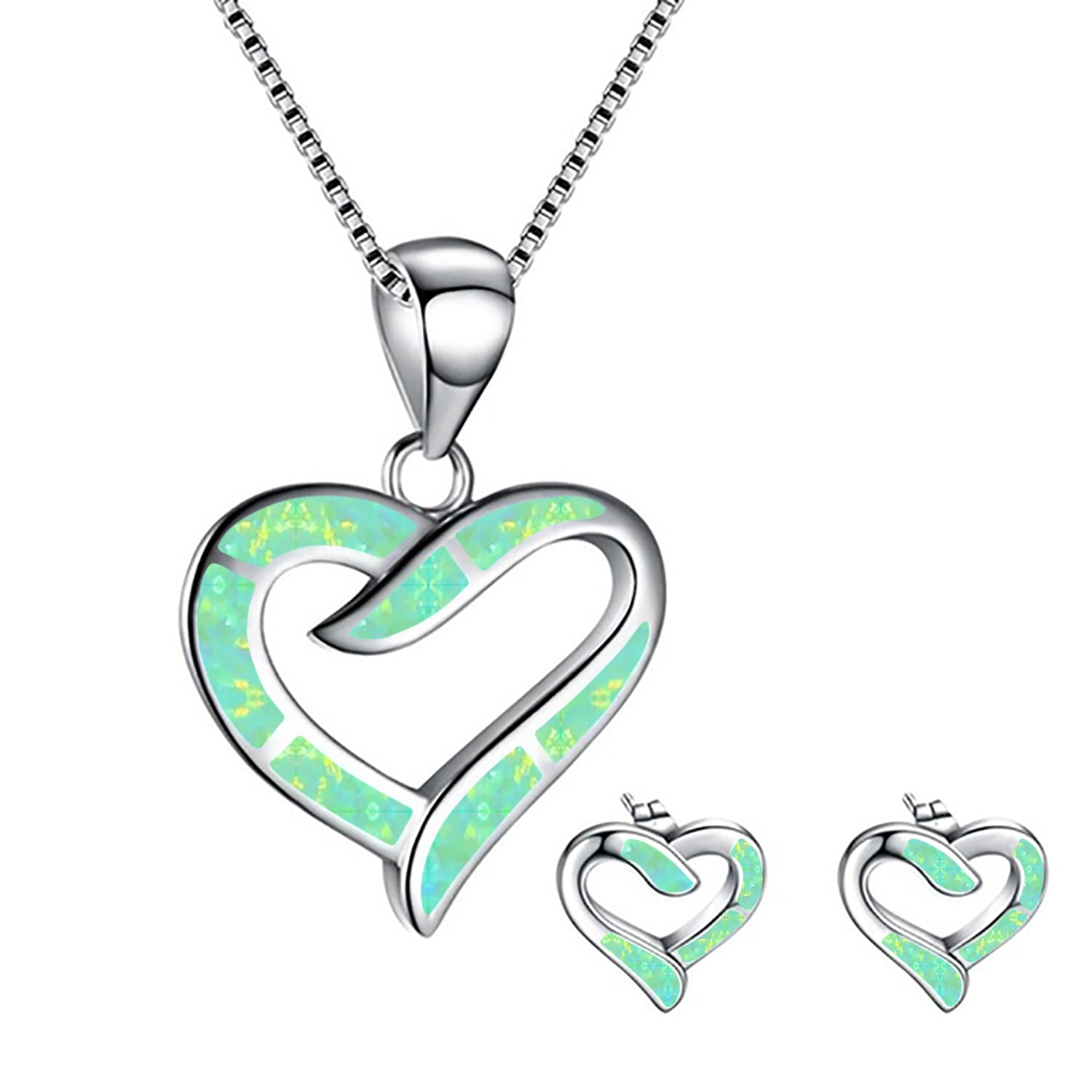 Ladies Shining Heart Jewellery Set For Women - Necklace Pendant &amp; Matching Earrings - Girls Opal Glitter Enamel &amp; Silver Plated Cute Charms - with Gift Box
