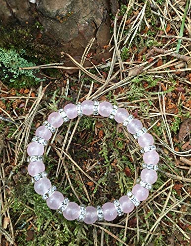 Helena Rose Jewellery - Natural Pink Rose Quartz Stretch Bracelet for Women - Gemstones with Clear Crystal Rhinestones - Valentines Gift, Plus Jewellery Gift Box