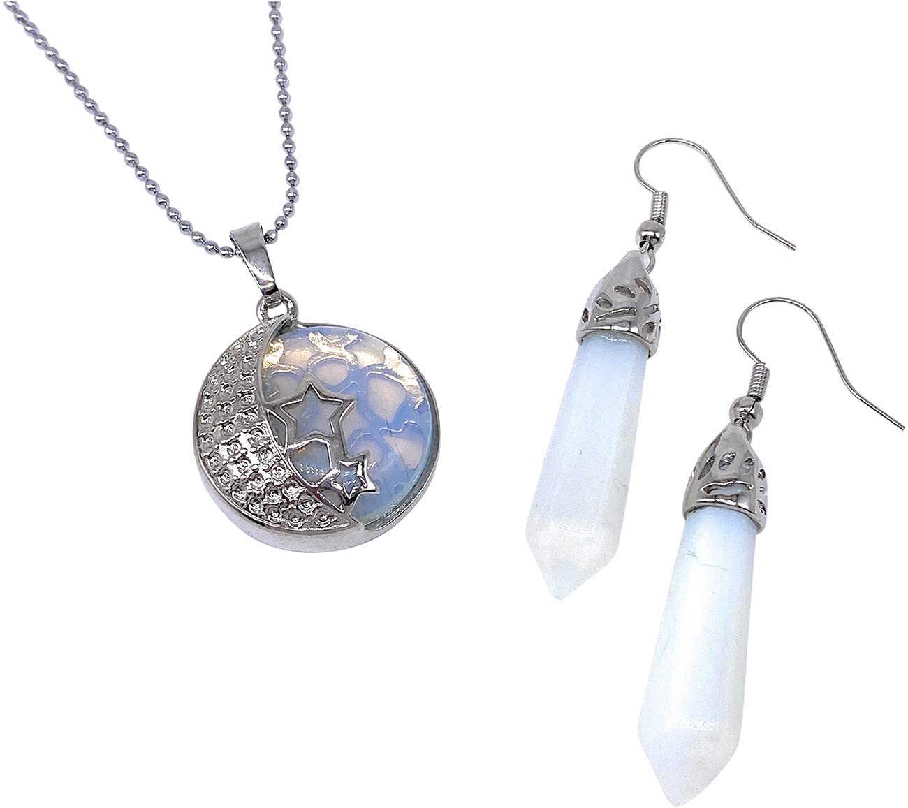 Jewellery Gift Set For Women - Silver Moon &amp; Stars Necklace &amp; Drop Earrings - Real Natural Crystal Quartz Gemstone Pendant For Ladies - With a Quality Gift Box