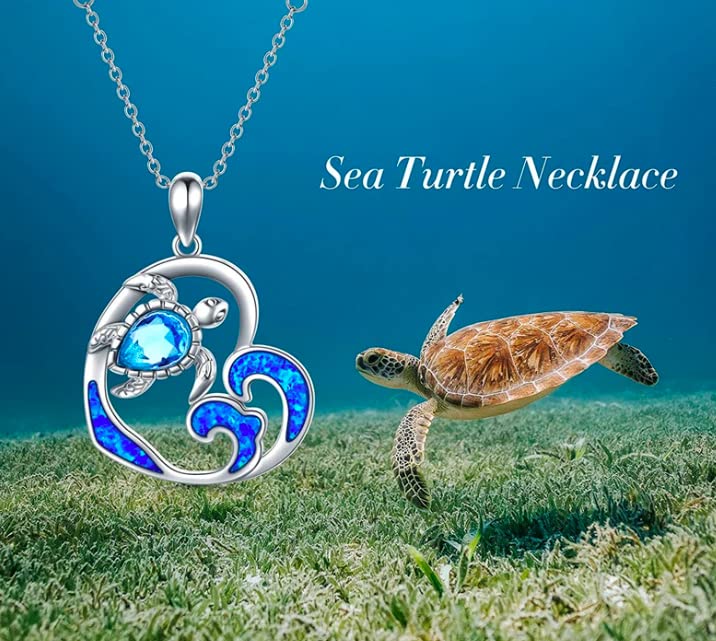 Ladies Sterling Silver Heart Pendant Necklace - Blue Rhinestone Crystal Sea Turtle - Nautical Jewellery For Women - Plus 45cm Chain &amp; Gift Box
