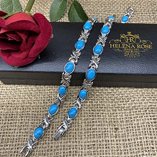 Helena Rose Ladies Magnetic Bracelet for Women - Natural Blue Turquoise Howlite Gemstone Link Bangle with Magnets - Fits Wrists Up to 18cm Adjustable - with Jewellery Gift Box