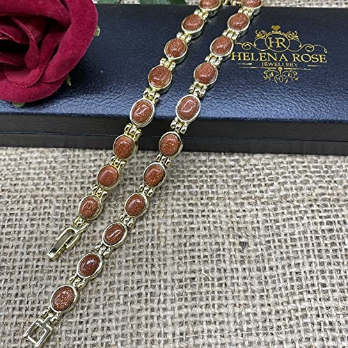 Helena Rose Ladies Magnetic Bracelet for Women - Natural Brown Goldstone Gems - Fits Wrists Up to 7.5&quot; Fully Adjustable - Plus Jewellery Gift Box