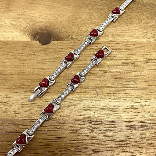 Magnetic Bracelet for Women - Natural Red Agate Gem Stone Hearts Design. - Fits Wrist Up to 18.5cm - Supplied with Jewellery Gift Box
