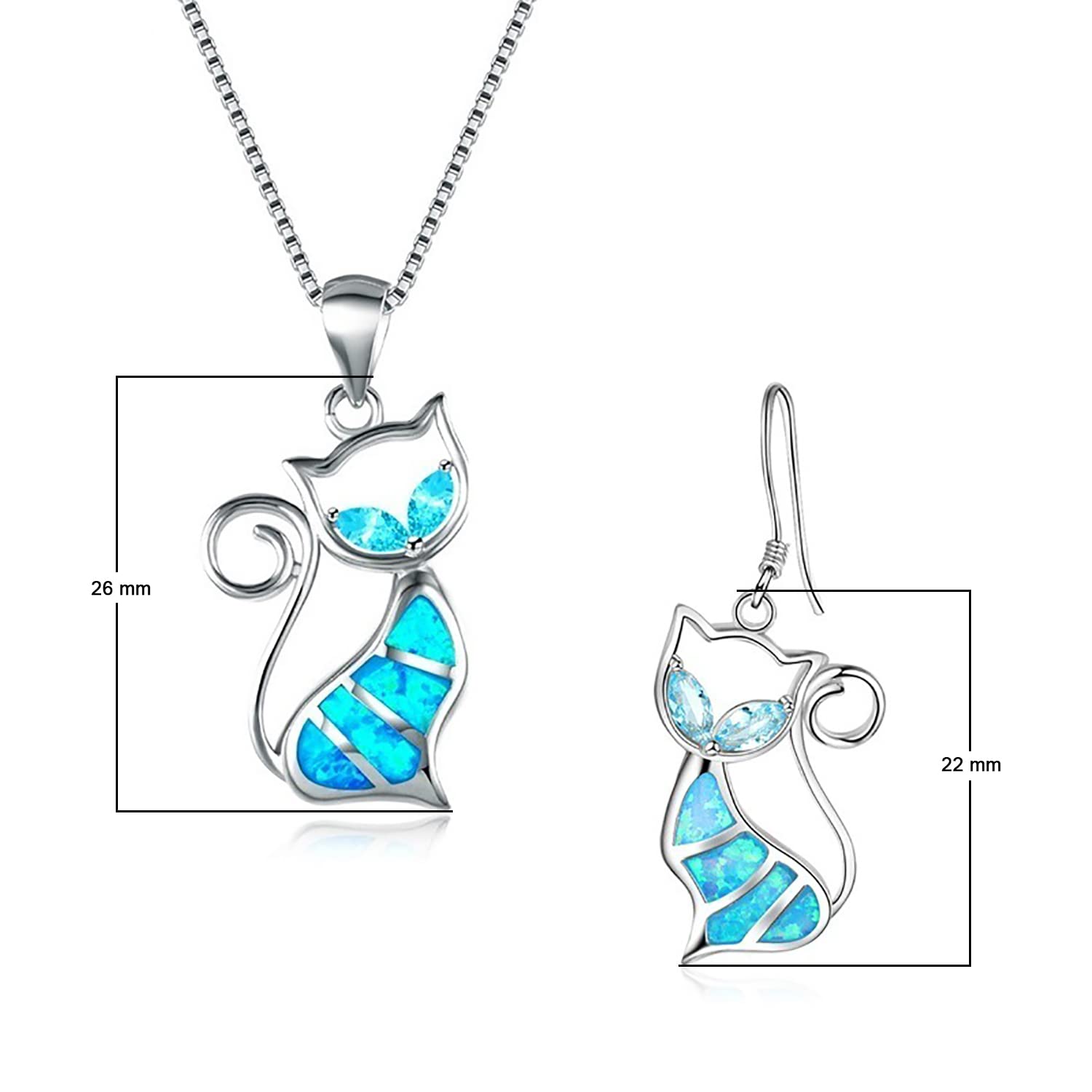 Cute Cat Pendant Necklace &amp; Earrings Matching Set For Women - Ladies Silver Plated Crystal Jewellery with Gift Box