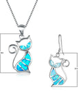 Cute Cat Pendant Necklace & Earrings Matching Set For Women - Ladies Silver Plated Crystal Jewellery with Gift Box