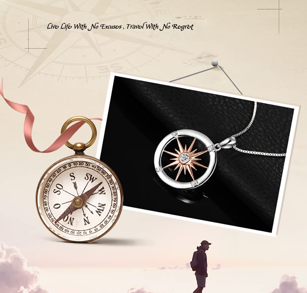 Sterling Silver Compass Design Necklace With Rose Gold Plated Sun Set With Cubic Zirconia Stone. Includes 45cm 925 Silver Box Chain and Jewellery Gift Box.