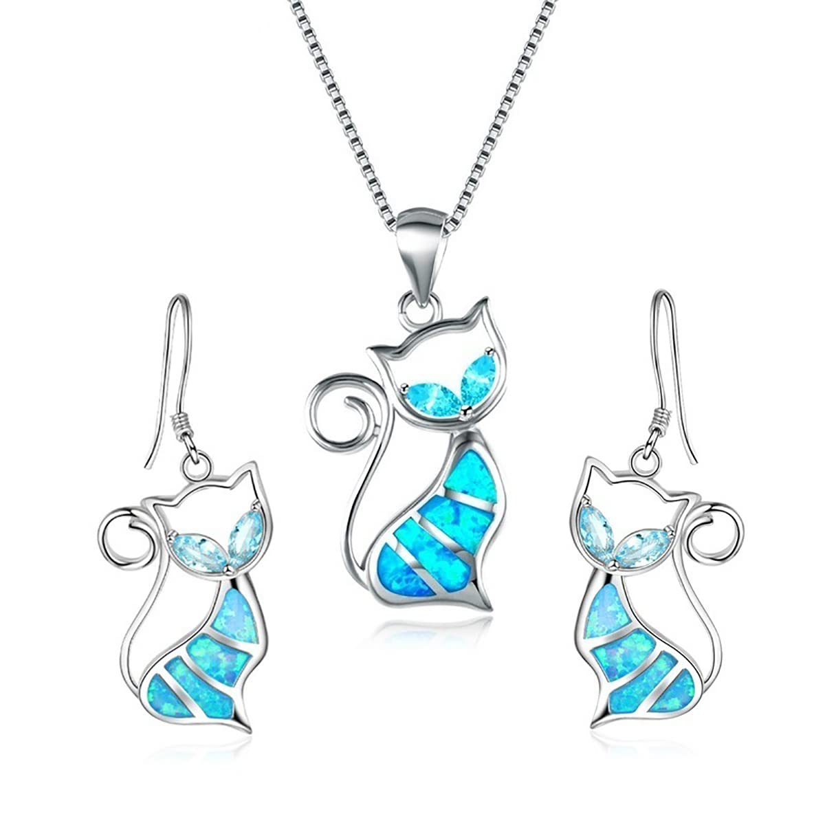 Cute Cat Pendant Necklace &amp; Earrings Matching Set For Women - Ladies Silver Plated Crystal Jewellery with Gift Box