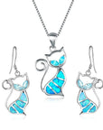 Cute Cat Pendant Necklace & Earrings Matching Set For Women - Ladies Silver Plated Crystal Jewellery with Gift Box