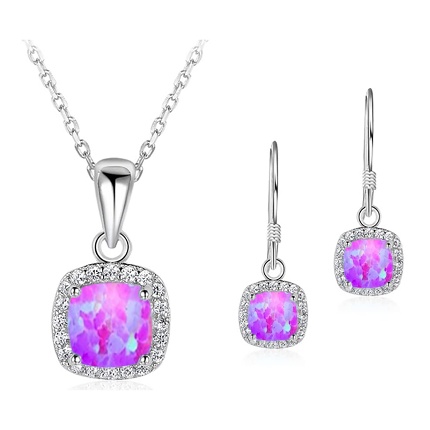Ladies Matching Square Jewellery Set. Simulated Fire Opal Enamel and Clear Rhinestone Crystals. Necklace Pendant With Matching Drop Earrings For Women. Plus Jewellery Gift Box.