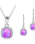 Ladies Matching Square Jewellery Set. Simulated Fire Opal Enamel and Clear Rhinestone Crystals. Necklace Pendant With Matching Drop Earrings For Women. Plus Jewellery Gift Box.