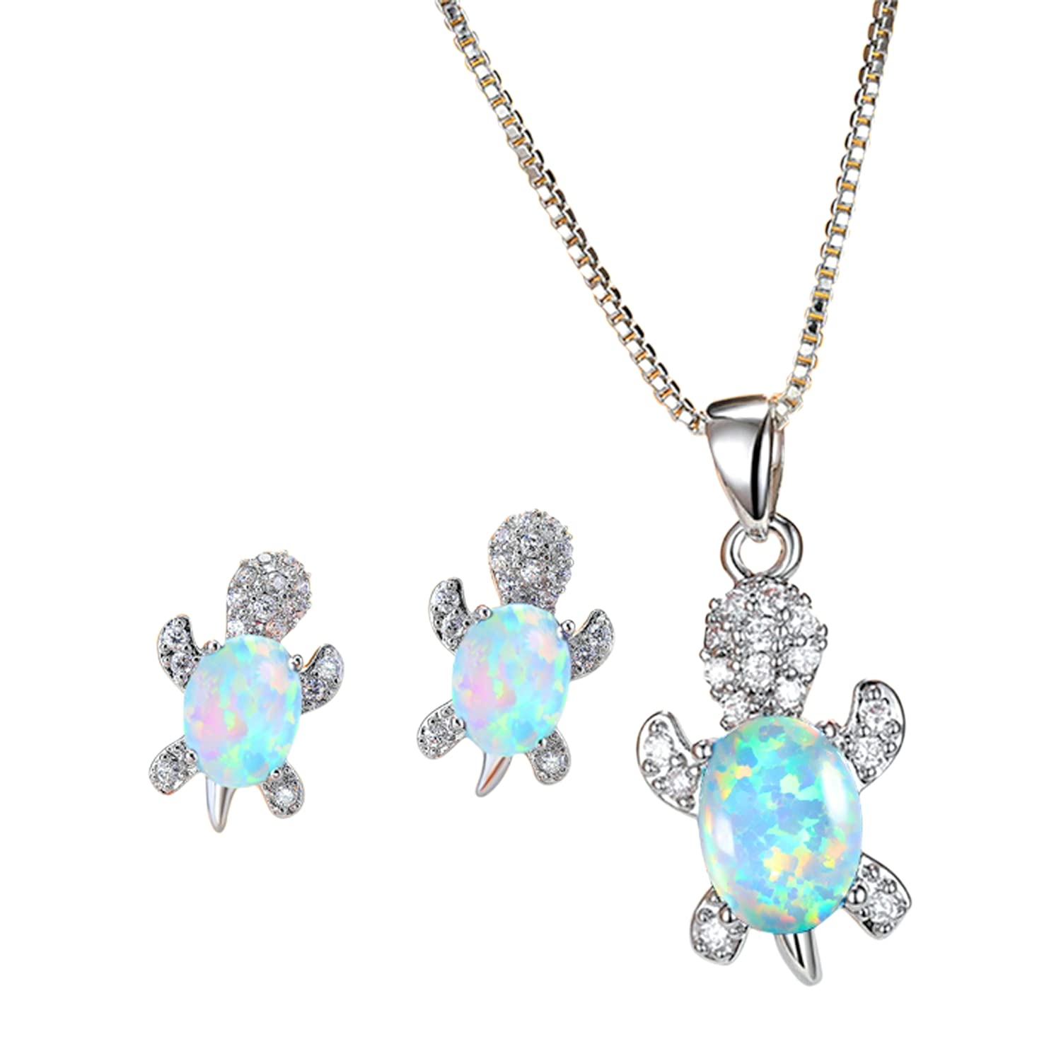 Cute Turtle Jewellery Set - Matching Necklace Pendant &amp; Earrings For Ladies - Glittering Opal &amp; Crystal - With Gift Box