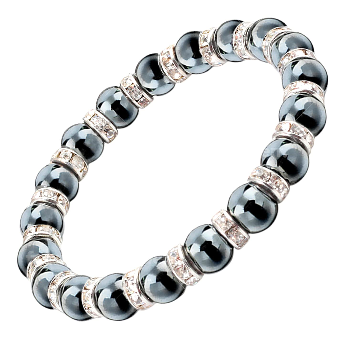 Natural Hematite Stretch Beaded Bracelet - Semi Precious Gemstones - 8mm Black Beads &amp; Clear Crystal Diamante - Unisex - with Jewellery Gift Box
