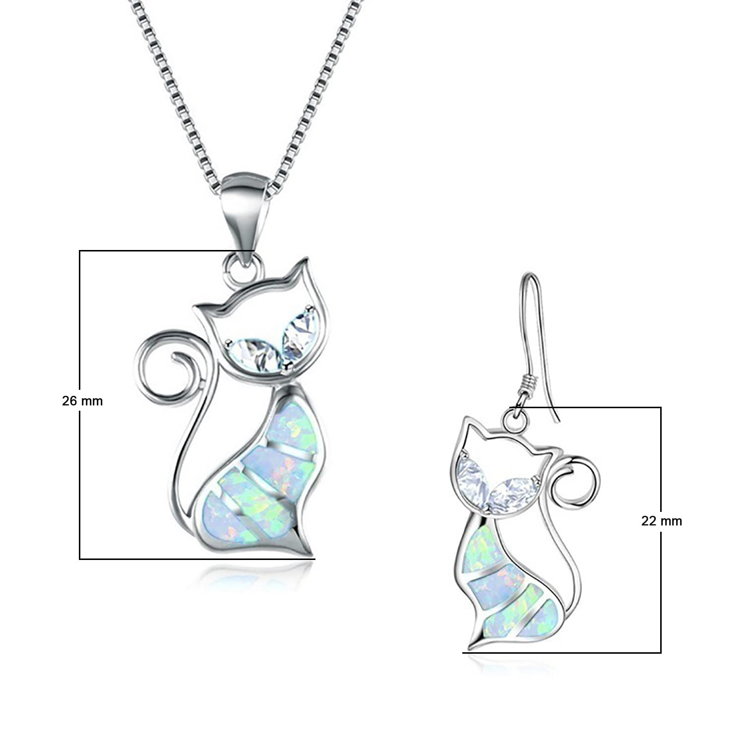 Cute Cat Pendant Necklace &amp; Earrings Matching Set For Women - Ladies Silver Plated Crystal Jewellery with Gift Box