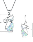 Cute Cat Pendant Necklace & Earrings Matching Set For Women - Ladies Silver Plated Crystal Jewellery with Gift Box