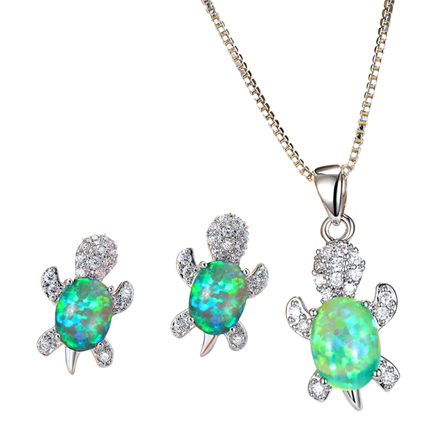 Cute Turtle Jewellery Set - Matching Necklace Pendant &amp; Earrings For Ladies - Glittering Opal &amp; Crystal - With Gift Box