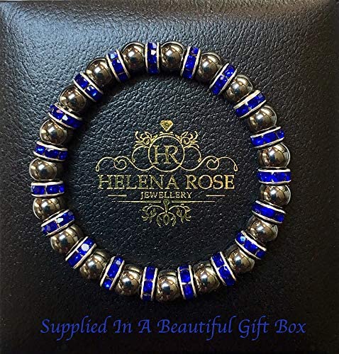 Helena Rose Bracelet - Black Tourmaline Gemstones with Sparkling Blue Rhinestone Crystals - Spiritual Bangle for Men &amp; Women - with Jewellery Gift Box