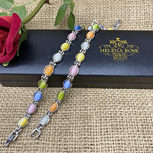 Ladies Magnetic Therapy Bracelet for Women - Multicoloured Semi Precious Cats Eye Stones - Fits Wrists 17.5 cm Adjustable - Presented in a Jewellery Gift Box