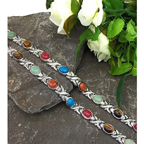 Helena Rose Ladies Magnetic Bracelet for Women - Semi-Precious Blue Red Green Gemstones - Fits Wrists Up Tp 7.5&quot; Size Fully Adjustable - Plus Jewellery Gift Box