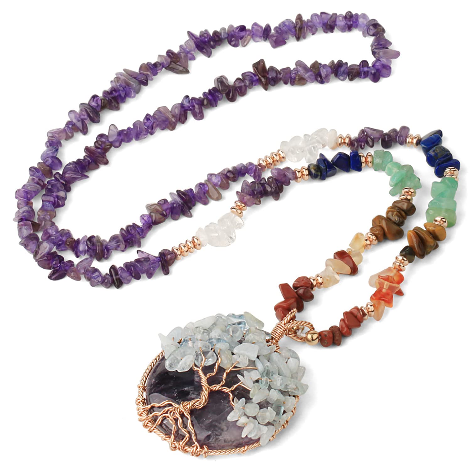 Spiritual Tree of Life Ladies Necklace - Natural Stone Wire Wrap Pendant for Women - Chakra Reiki Stone Chips with Circular Gemstone Amulet - Supplied with Jewellery Gift Box
