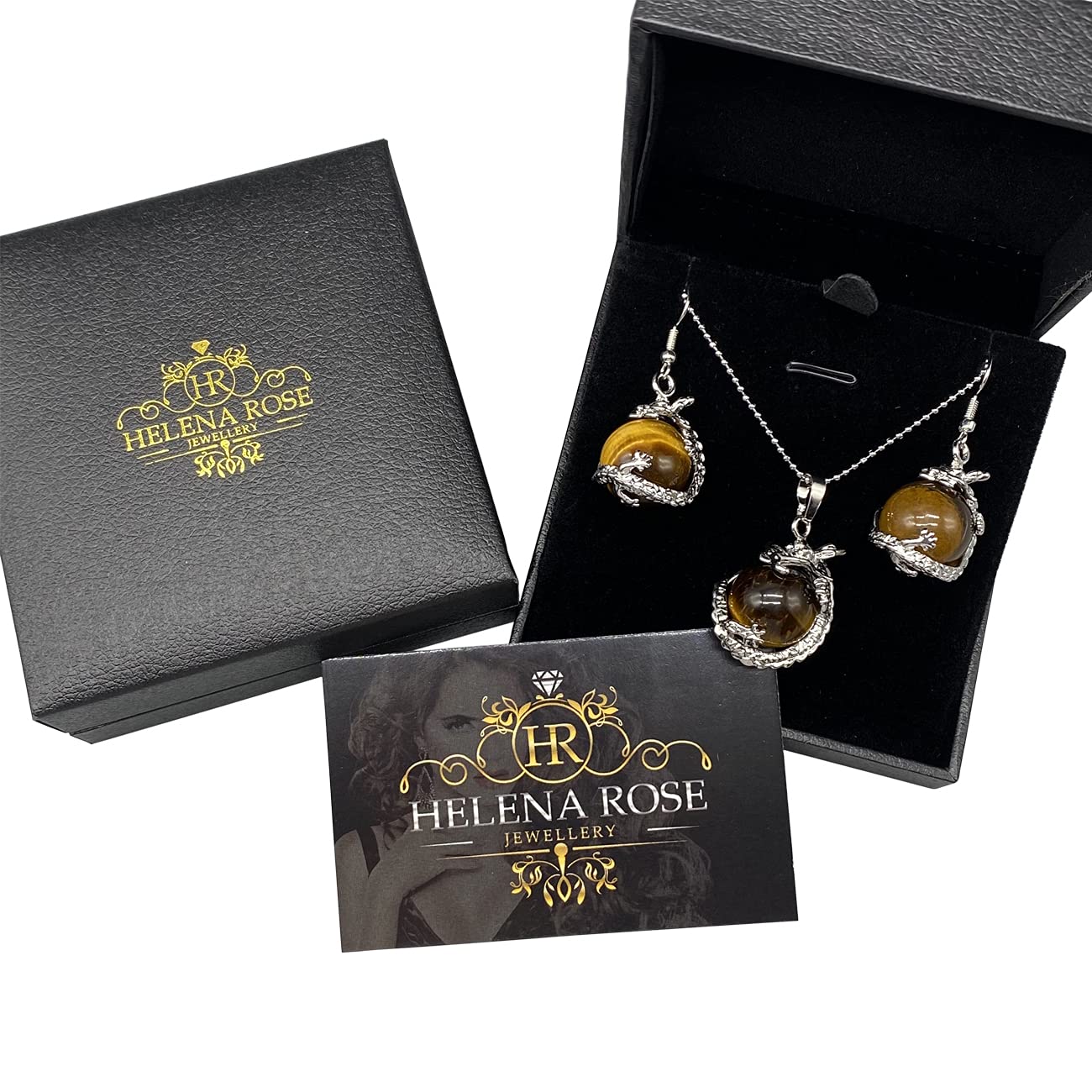 Helena Rose Earring &amp; Necklace Jewellery Set for Women - Silver Totem Gothic Style Dragon Wrap Design - Natural Tigers Eye Stone Pendant Ball Charm - Plus Gift Box